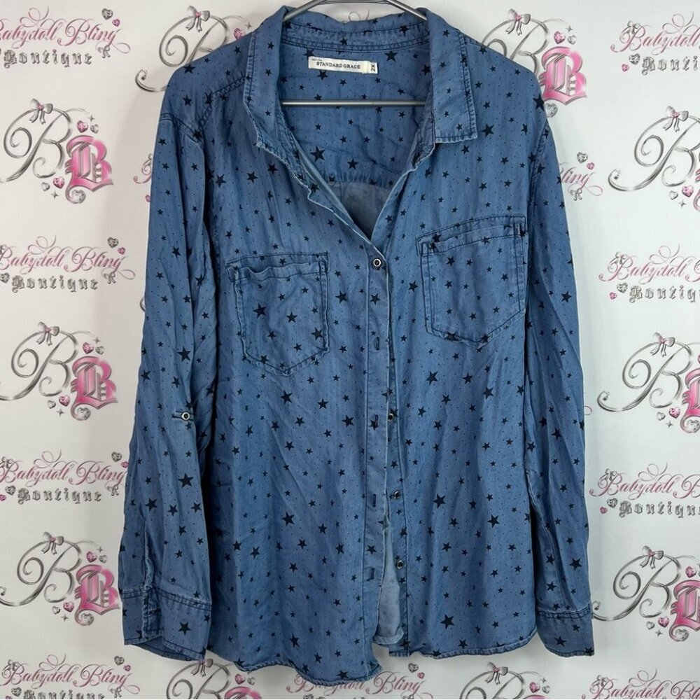 Standard grace button up stars stars Denim Star Print Button Down Shirt